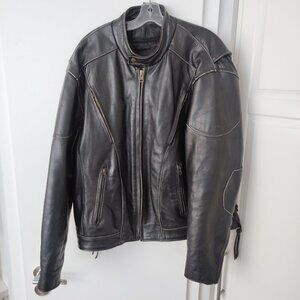Motorcycle rider leather jacket men's size L / XL black skull pattern on back